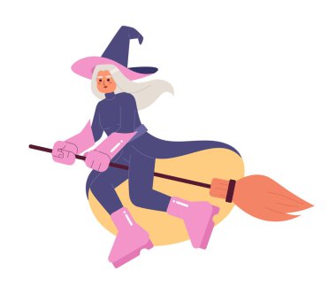 Süpürgeyle uçan iyi cadı yarı düz renk vektör karakter. Düzenlenebilir gümüş saçlı kadın beyaza sihirli numaralar yapıyor. Web grafik tasarımı için basit karikatür nokta çizimi