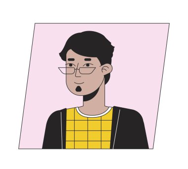 Gözlüklü şık esmer adam düz renkli karikatür avatar ikonu. Yetişkin Müslümanlar. Düzenlenebilir 2B kullanıcı portresi doğrusal illüstrasyon. İzole edilmiş vektör yüz profili clipart. Userpic, kişi başı ve omuzları