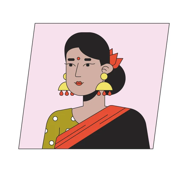 迷人的印度女人穿着传统服饰 素色卡通人物形象 可编辑的2D用户肖像线形插图 与之分离的矢量脸谱带 人头和肩膀 — 图库矢量图片