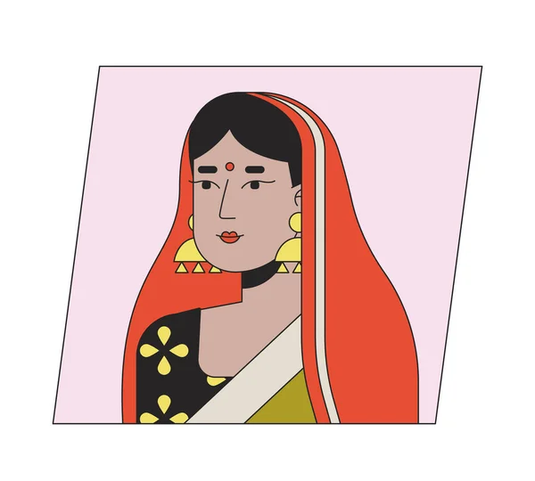 Młoda Hinduska Kobieta Sari Płaskiej Ikonie Awatara Kreskówki Edytowalny Portret — Wektor stockowy