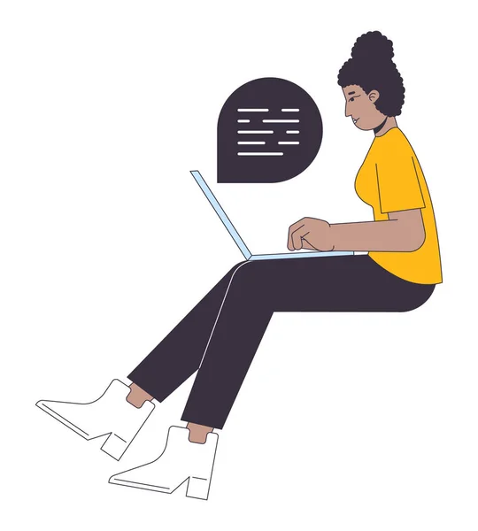 アフリカ系アメリカ人の女の子がコンピュータフラットラインカラーベクトル文字を入力します 編集可能なアウトラインフルボディ女性側ビューは白で通信します ウェブグラフィックデザインのためのシンプルな漫画のスポットイラスト — ストックベクタ
