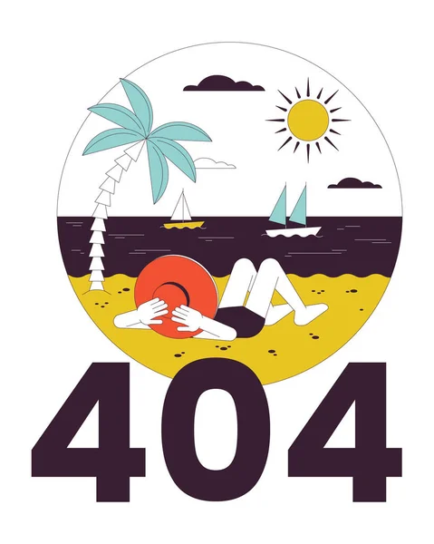 热带假期错误404闪存消息 海滩上穿着比基尼的女帽 夏天的时间 空的状态Ui设计 没有找到弹出卡通图片的页面 白色背景的矢量平面图解概念 — 图库矢量图片