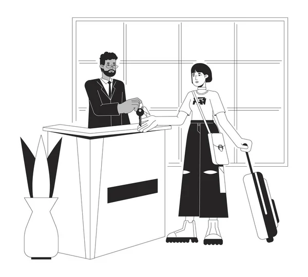 Bwベクトルスポットイラストでホテルのロビーチェック ウェブUiデザインのためのアジアの観光客の2D漫画フラットライン単色文字へのルームキーを与える受付 編集可能な絶縁型アウトラインヒーローイメージ — ストックベクタ