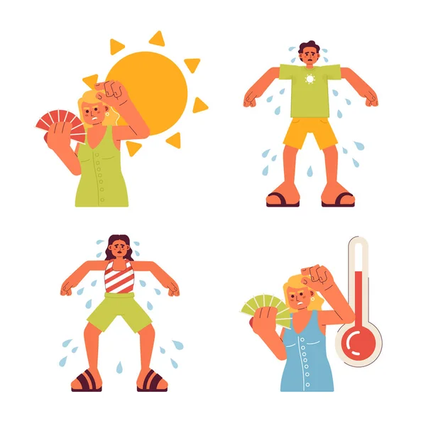 Übermäßige Hitzewarnung Flache Konzept Vektor Spot Illustration Set Menschen Schwitzen — Stockvektor