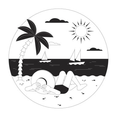 Vacation beach bw vector spot round illustration. Lying sunbathing girl looking at ocean 2D cartoon flat line monochromatic character for web UI design. Editable isolated outline hero image clipart