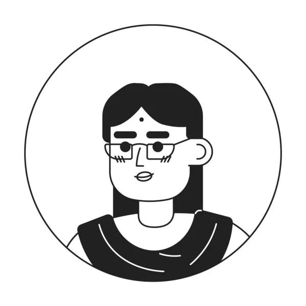 戴单色扁平线头眼镜的印度成年妇女 印度配件和莎丽 可编辑的轮廓手绘人脸图标 用于动画的2D卡通点矢量动画插图 — 图库矢量图片