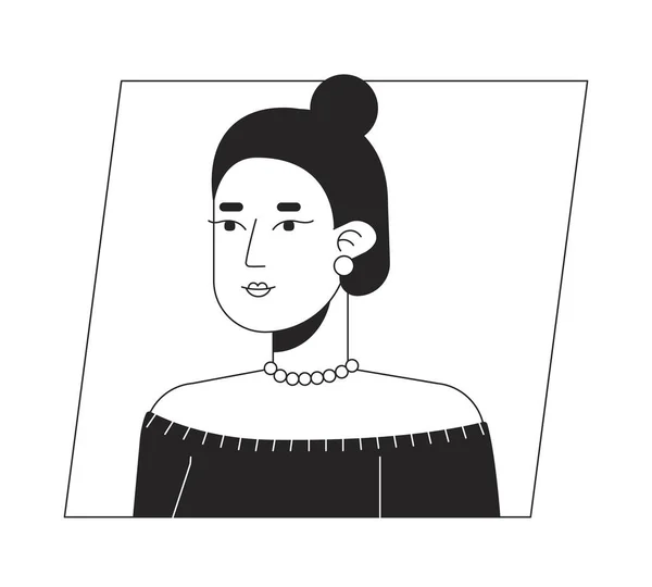快乐的高加索女人 有着发髻式的黑色白色卡通形象 可编辑的2D字符用户肖像 线性平面插图 矢量脸谱 人的头部和肩膀轮廓 — 图库矢量图片