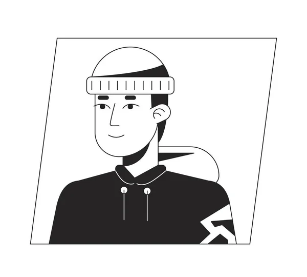 Teenager Hat Hoodie Black White Cartoon Avatar Icon Editable Character — Stock Vector