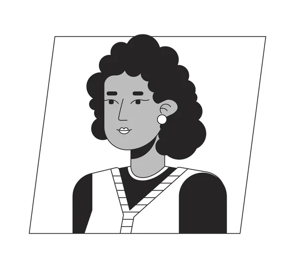 成年非洲裔美国女人 卷发黑色白色卡通形象 可编辑的2D字符用户肖像 线性平面插图 矢量脸谱 人的头部和肩膀轮廓 — 图库矢量图片