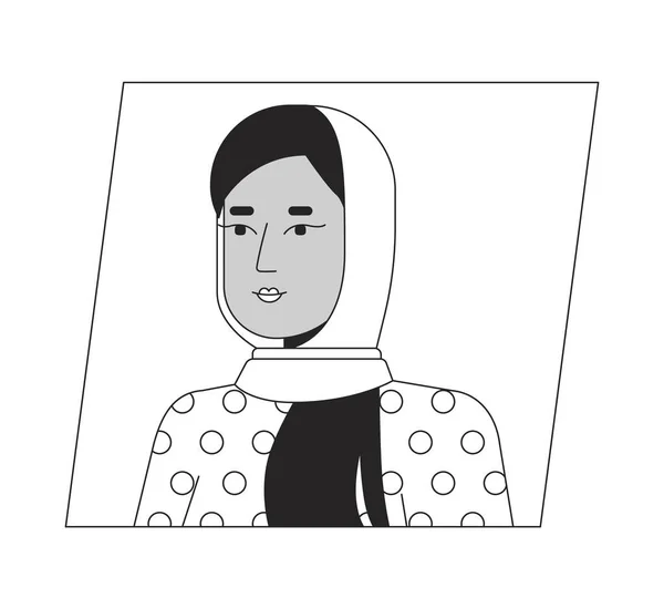 漂亮的女人在Hijab黑色白色卡通化身 年轻的成年穆斯林女性 可编辑的2D字符用户肖像 线性平面插图 矢量脸谱 人的头部和肩膀轮廓 — 图库矢量图片
