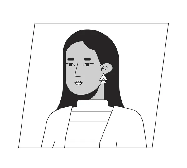 穆斯林年轻女子黑色白色卡通形象 留长发的布鲁内特可编辑的2D字符用户肖像 线性平面插图 矢量脸谱 人的头部和肩膀轮廓 — 图库矢量图片