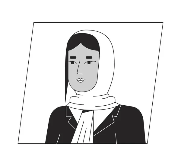 身披头巾的布鲁内特 穆斯林妇女 黑色白色卡通人物 可编辑的2D字符用户肖像 线性平面插图 矢量脸谱 人的头部和肩膀轮廓 — 图库矢量图片
