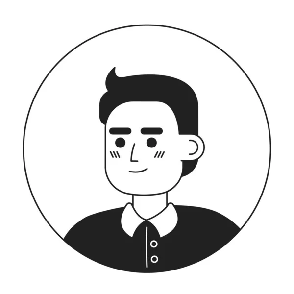 短い散髪モノクロフラット線形文字頭を持つ陽気なアジアの少年 編集可能なアウトラインハンドは 人間の顔のアイコンを描いた 2D漫画スポットベクトルアバターイラストForアニメーション — ストックベクタ