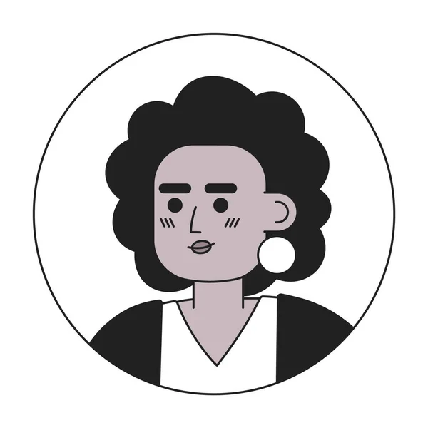 漂亮的女性单色扁平线头 卷发和金耳环 可编辑的轮廓手绘人脸图标 用于动画的2D卡通点矢量动画插图 — 图库矢量图片