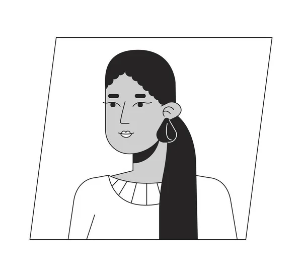 Attractive Hispanic Lady Long Ponytail Black White Cartoon Avatar Icon — Stock Vector