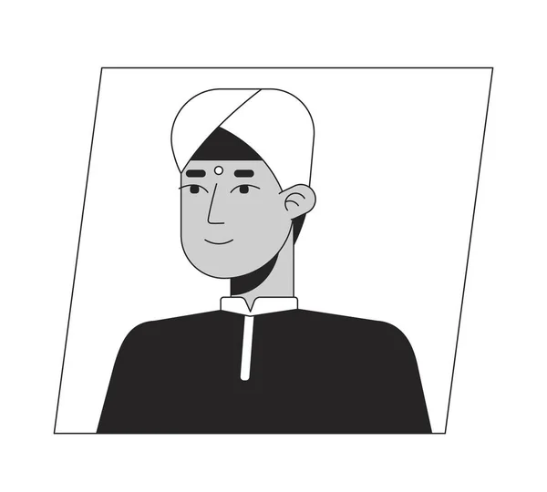 Homme Indien Turban Noir Blanc Dessin Animé Avatar Icône Portrait — Image vectorielle
