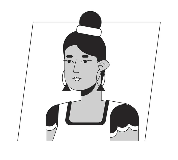 美丽的印度女人 有着发髻式的黑色白色卡通形象 可编辑的2D字符用户肖像 线性平面插图 矢量脸谱 人的头部和肩膀轮廓 — 图库矢量图片