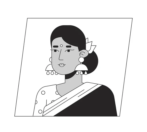 迷人的印度女人穿着传统的黑色白色卡通形象 可编辑的2D字符用户肖像 线性平面插图 矢量脸谱 人的头部和肩膀轮廓 — 图库矢量图片