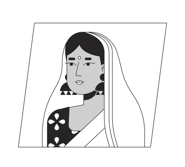 年轻的印度女人穿着黑色黑色卡通人物形象的莎莉 可编辑的2D字符用户肖像 线性平面插图 矢量脸谱 人的头部和肩膀轮廓 — 图库矢量图片