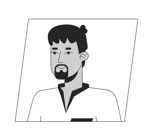 成年印地安人 留着黑色胡子 黑色白色卡通形象 可编辑的2D字符用户肖像 线性平面插图 矢量脸谱 人的头部和肩膀轮廓 — 图库矢量图片