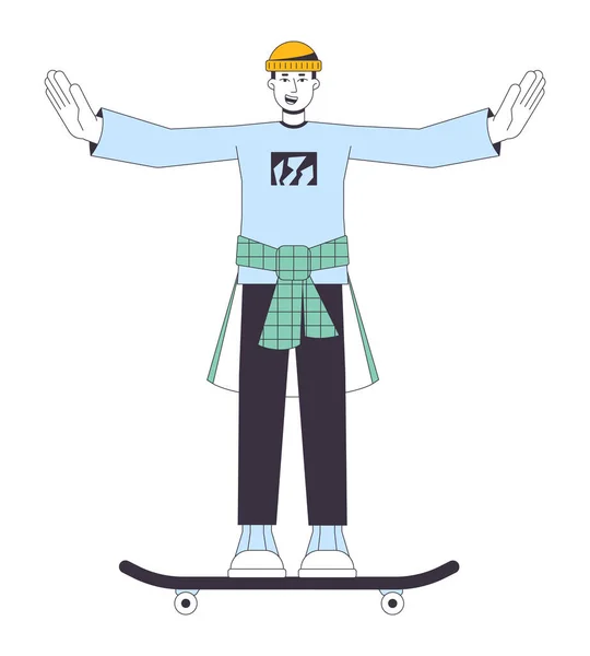 英俊的滑板手挥动扁平线条的颜色矢量字符 可编辑的轮廓全身上下年轻男子在滑板上做手脚的白色 用于网页平面设计的简单卡通画 — 图库矢量图片