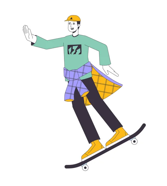 陽気スケーターフラットラインカラーベクトル文字 編集可能なアウトラインフルボディの男は白にスケートボードに乗っています ウェブグラフィックデザインのためのシンプルな漫画のスポットイラスト — ストックベクタ