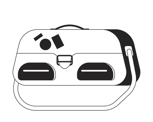 旅行ハンドバッグフラットモノクロ孤立ベクトルオブジェクト 手荷物ステッカー付きバッグ 編集可能な黒と白の線画 ウェブグラフィックデザインのためのシンプルなアウトラインスポットイラスト — ストックベクタ