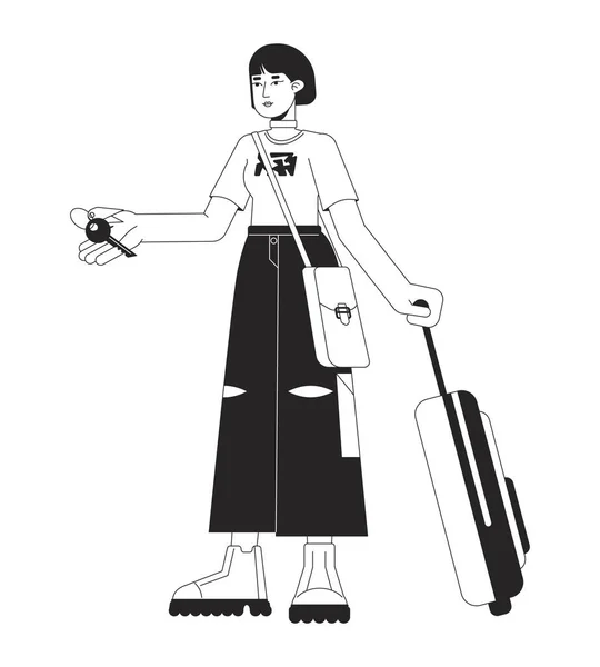 Feminino Viajante Segurando Quarto Hotel Chave Plana Personagem Vetor Branco — Vetor de Stock