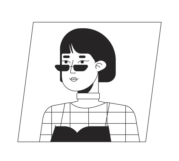 Asian Woman Bob Hairstyle Sunglasses Black White Cartoon Avatar Icon — Stock Vector
