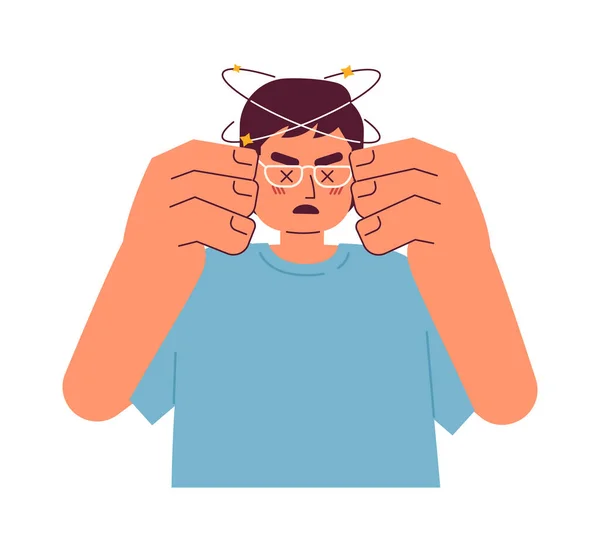 Asian Man Spinning Head Semi Flat Color Vector Character Headache — Stock Vector