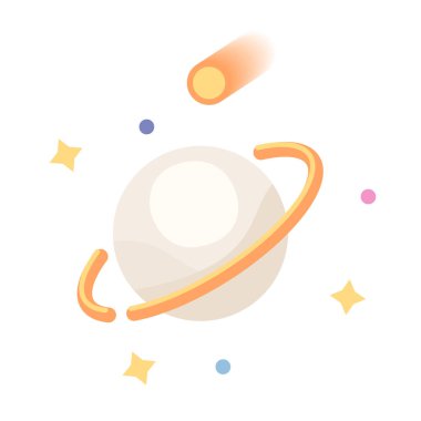 Gezegenin yarı düz renk vektör nesnesinin etrafında daire çiz. Parlak yıldızlar ve düşen göktaşı. Beyaz arkaplanda düzenlenebilir karikatür resim simgesi. Web grafik tasarımı için basit nokta çizimi