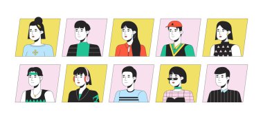 Heyecanlı Asyalı insanlar düz renkli karikatür avatar ikonları demetleri. Düzenlenebilir 2B kullanıcı portresi doğrusal illüstrasyon. İzole vektör yüz profili tırmanıyor. Üserpik koleksiyon, insanlar kafa ve omuzlar