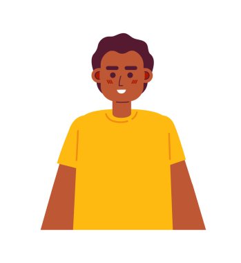 Afrikalı Amerikalı genç oğlan yarı düz renk vektör karakter. Siyah çocuk tişört giyiyor. Beyazın üzerinde düzenlenebilir yarı vücut insan. Web grafik tasarımı için basit karikatür nokta çizimi