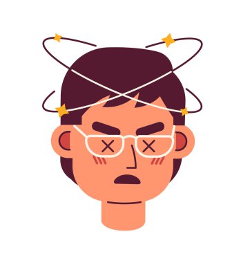 Asyalı gözlüklü adam yarı düz vektör baş dönmesi yaşıyor. Baş dönmesi olan Japon bir erkek. Düzenlenebilir karikatür avatar simgesi. Duygularınla yüzleş. Web grafik tasarımı ve animasyonu için renkli nokta çizimi