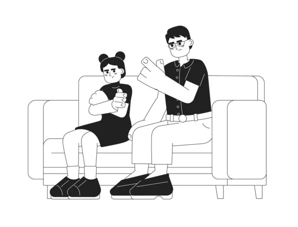亚洲家长训斥儿童单色矢量点画 韩国父亲训诫灰心的女儿2D扁平的卡通人物为网页用户界面的设计 孤立的可编辑手绘英雄形象 — 图库矢量图片