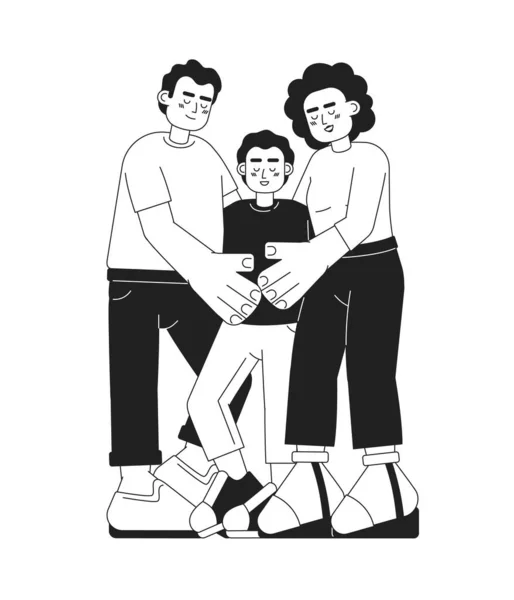 Misto Razza Famiglia Abbraccio Candido Monocromatico Vettoriale Spot Illustrazione Latino — Vettoriale Stock