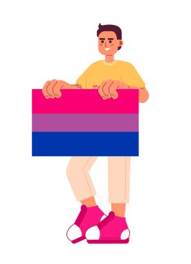 Yakışıklı adamda biseksüel gurur bayrağı yarı düz renk vektör karakteri var. Düzenlenebilir tüm vücudu beyaz üzerine genç lgbt kişi. Web grafik tasarımı için basit karikatür nokta çizimi
