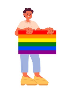 Mutlu genç adam lgbt topluluğunu destekliyor yarı düz renk vektör karakteri. Kurgulanabilir tüm vücut adamı beyazın üzerinde Igbt gurur bayrağı taşıyor. Web grafik tasarımı için basit karikatür nokta çizimi