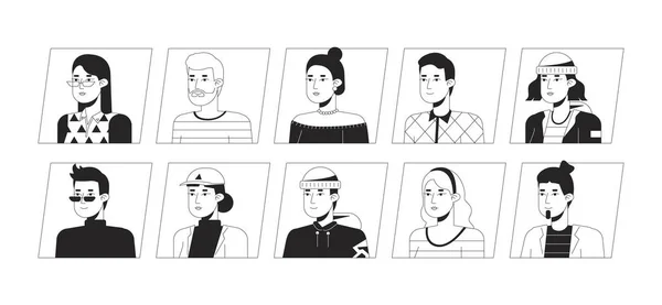 Jóvenes Caucásicos Negro Blanco Caricatura Avatar Iconos Paquete Retratos Usuario — Archivo Imágenes Vectoriales