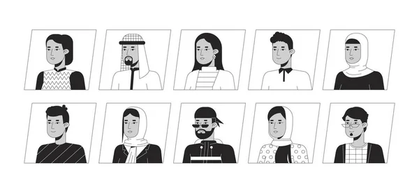 迷人的印地安人 黑色白色卡通人物 图标捆绑在一起 可编辑的2D用户描绘线性插图 与之分离的矢量脸谱崖 照片收集 人头人肩 — 图库矢量图片