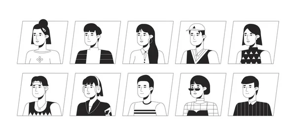 兴奋的亚洲人 黑色白色卡通人物的偶像捆绑在一起 可编辑的2D用户肖像线形插图 与之分离的矢量脸谱崖 照片收集 人头人肩 — 图库矢量图片