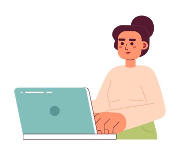 Laptop yarı düz renk vektör karakterli beyaz bir kadın. Düzenlenebilir yarı vücut kadın klavyede beyaza basıyor. Web grafik tasarımı için basit karikatür nokta çizimi