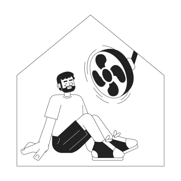 Mann Sitzt Unter Deckenventilator Hause Monochromen Flachen Vektorcharakter Hitze Haus — Stockvektor