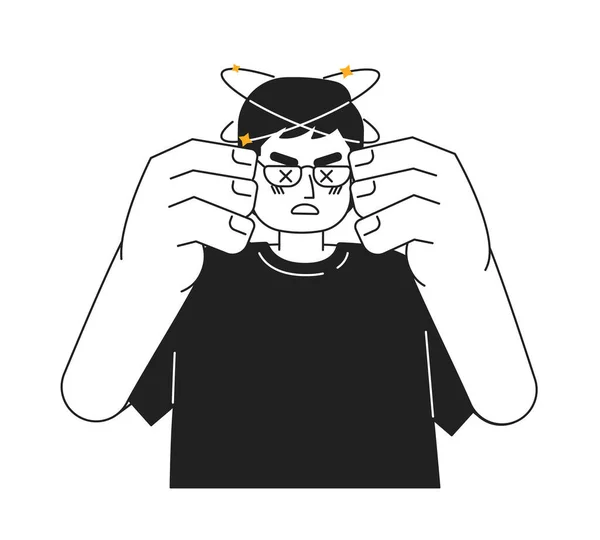 Asiatische Mann Mit Rotierenden Kopf Monochromatische Flache Vektor Charakter Kopfschmerzen — Stockvektor