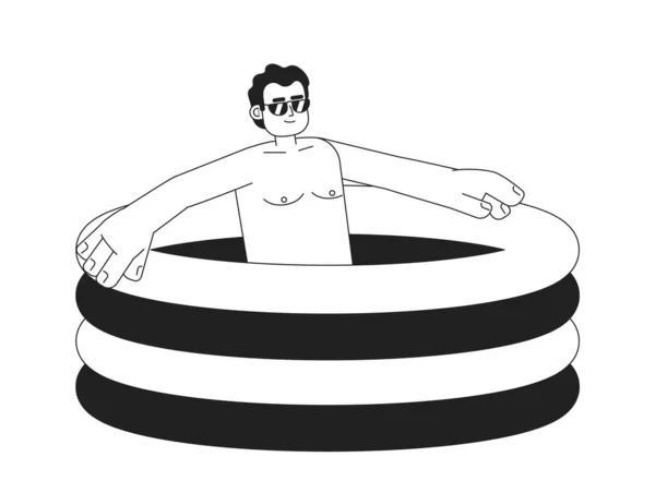 膨脹可能なスイミングプール単色フラットベクトル文字でラティノサングラスの男 プールの男 編集可能な細い線の全身の人白 ウェブグラフィックデザインのためのシンプルなBw漫画のスポット画像 — ストックベクタ