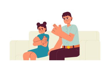 Yarı düz renk vektör karakterlere ebeveyn öfkesi. Katı Asyalı baba kızına parmağını sallıyor. Beyazlar üzerinde düzenlenebilir yarı vücut insanlar. Web grafik tasarımı için basit karikatür nokta çizimi