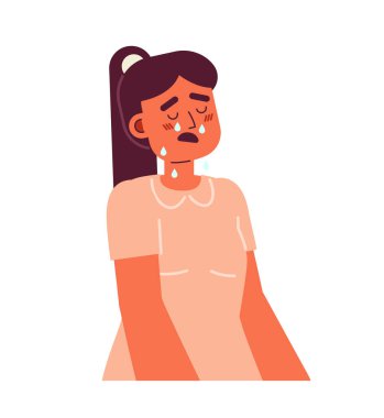 Ağlayan, ağzı açık, yarı düz renk vektör karakteri olan üzgün bir kız. Elbise giymiş ağlak bir çocuk. Beyazın üzerinde düzenlenebilir yarı vücut insan. Web grafik tasarımı için basit karikatür nokta çizimi
