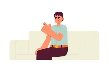 Sinirli Asyalı adam parmağını yarı düz renk vektör karakteriyle sallıyor. Tam bir öğretmen parmağı. Beyazın üzerinde düzenlenebilir yarı vücut insan. Web grafik tasarımı için basit karikatür nokta çizimi