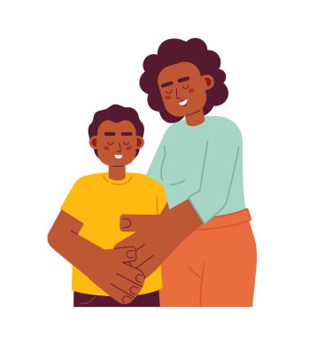 Siyah anne, küçük oğlanı kucaklıyor. Yarı düz renkli vektör karakterler. Kibar ebeveynlik. Sevecen anne. Beyazlar üzerinde düzenlenebilir yarı vücut insanlar. Web grafik tasarımı için basit karikatür nokta çizimi