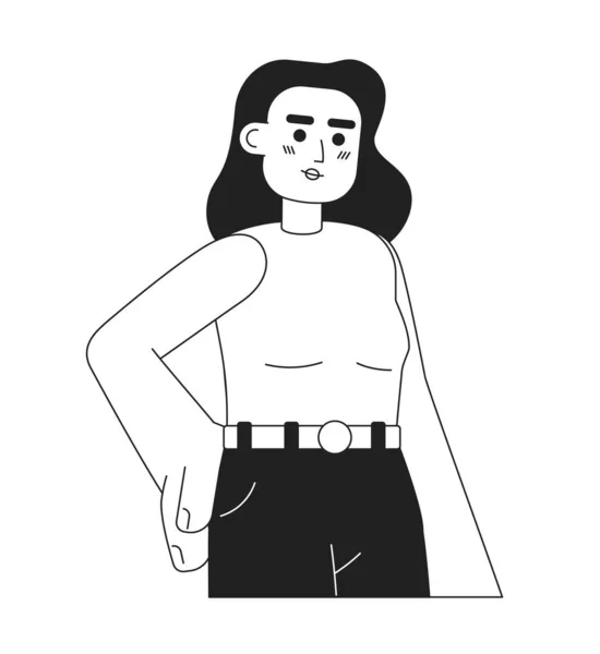 若い魅力的な白人女性単色フラットベクトル文字 編集可能な白い上に長いブルネットの髪を持つ細い線の半身の女性 ウェブグラフィックデザインのためのシンプルなBw漫画のスポット画像 — ストックベクタ